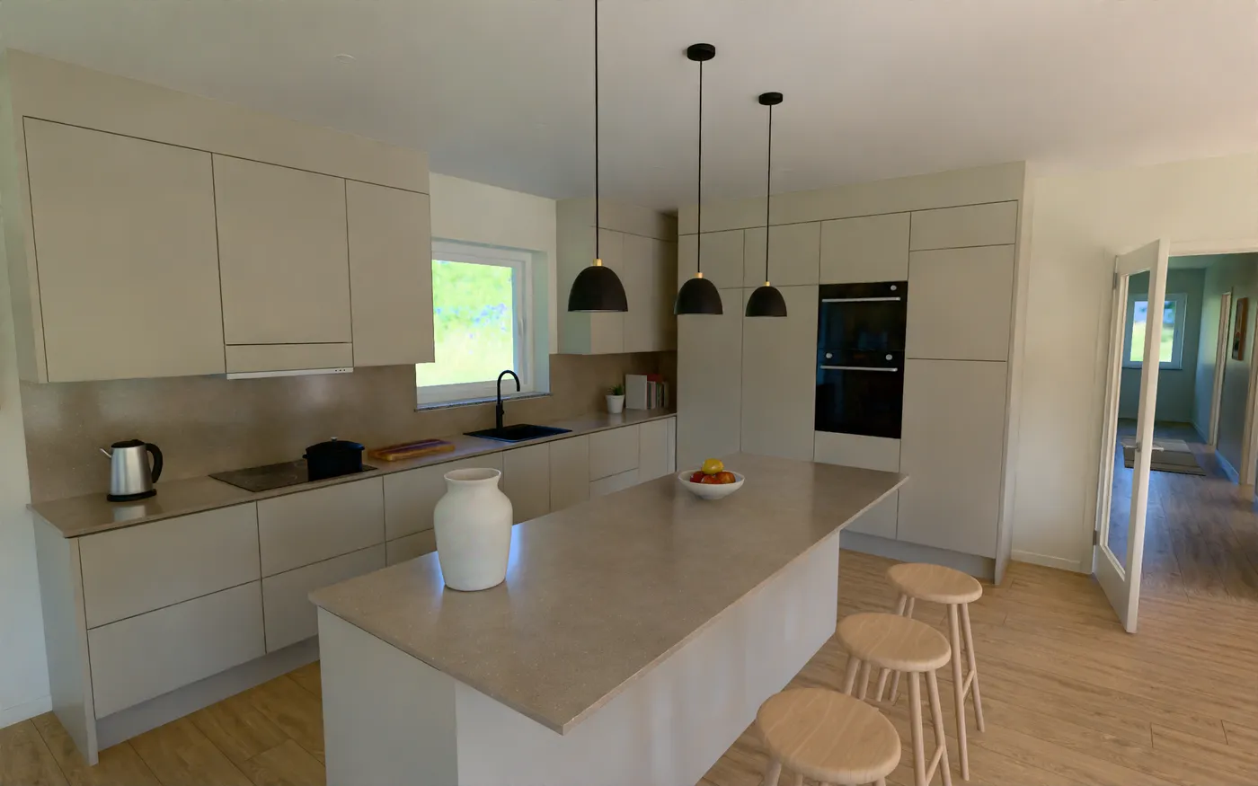 Fotorealistisk rendering av ett ljust kök med köksö, släta beige luckor och tre svarta taklampor