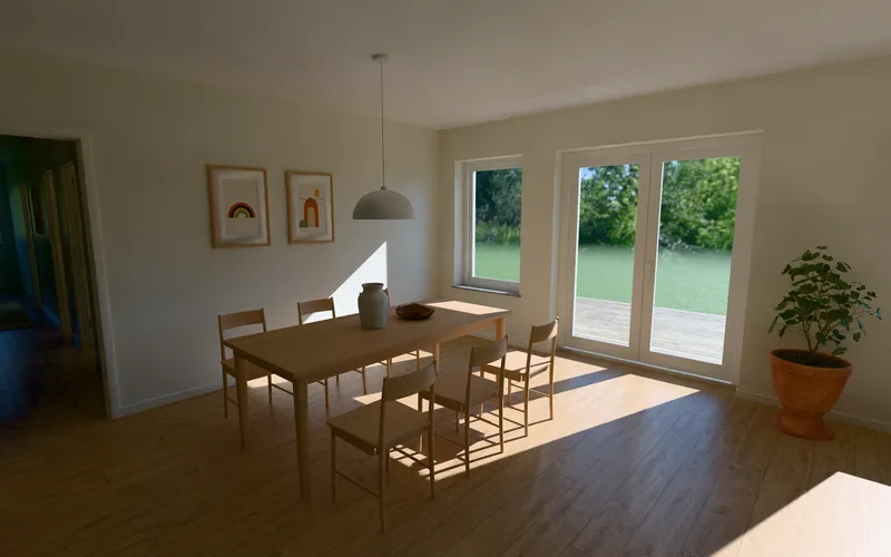 Fotorealistisk bild av matplatsen med långbord, stolar och ljus från fönstren