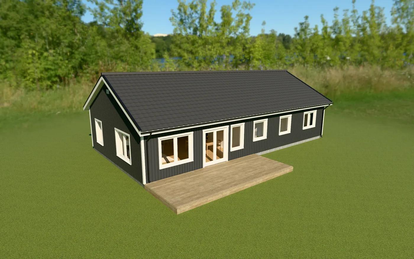 Villa Ekhagen utifrån, ett svart enplanshus i trä med trädäck